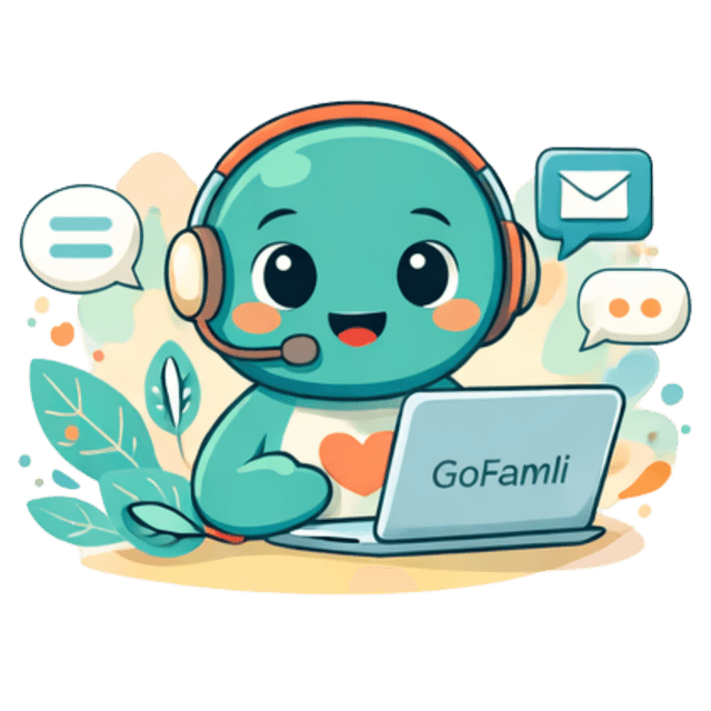 Mascote GoFamli com headset pronto para ajudar